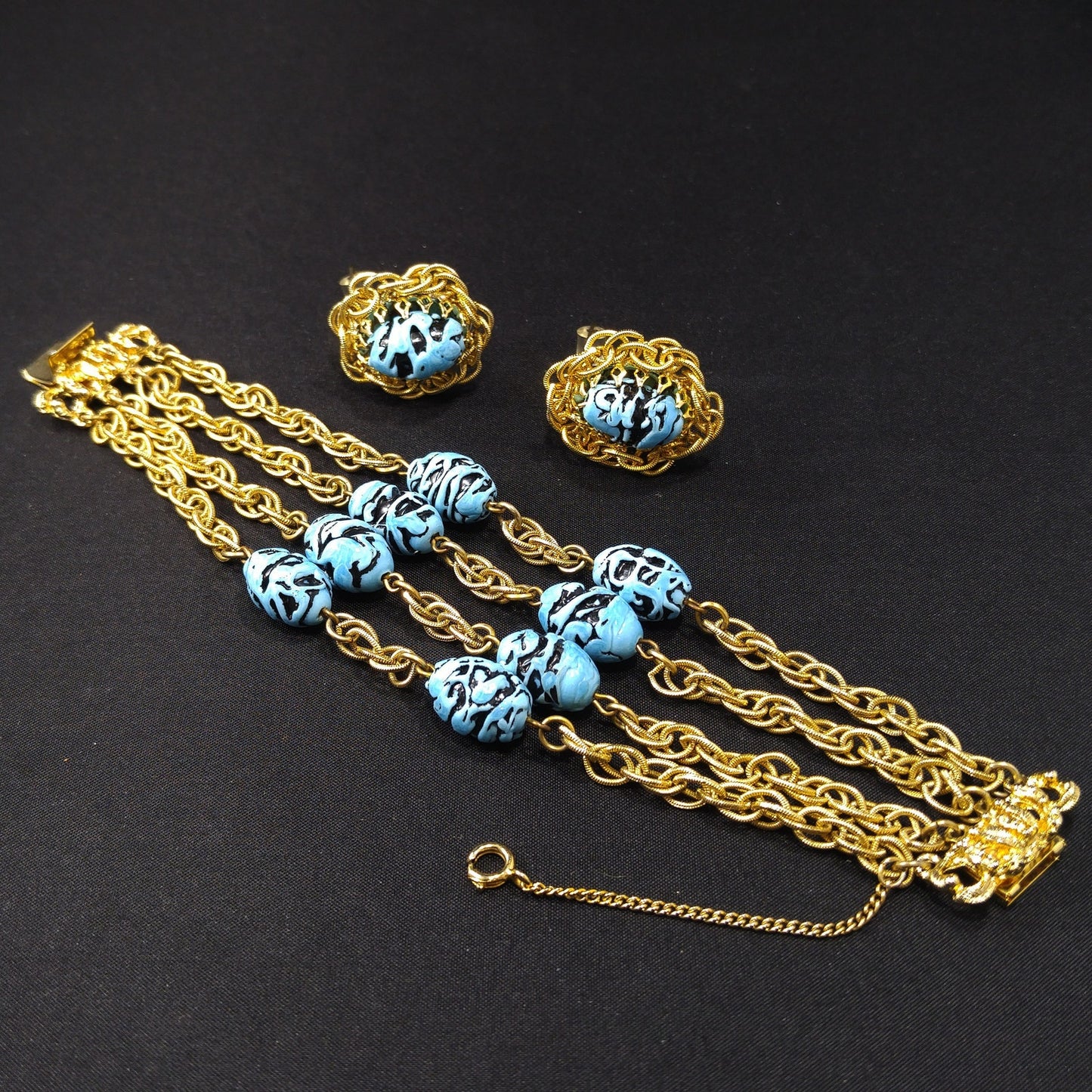 Vintage Hobe Art Beads & Chain Bracelet Earrings Set, 1950s Vintage Jewelry