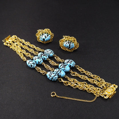 Vintage Hobe Art Beads & Chain Bracelet Earrings Set, 1950s Vintage Jewelry