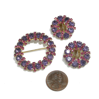 Weiss Pink and Lavender Rhinestone Wreath Brooch and Earrings Set – 1950s Gold Plated