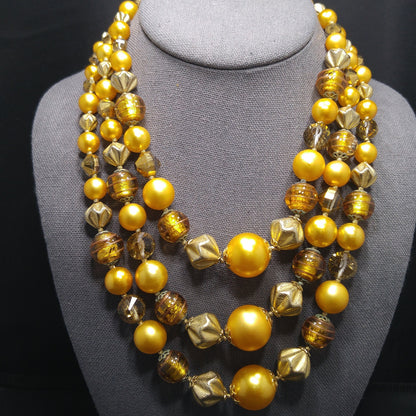 Vintage 1950s Gold Glass Bead Necklace, 3 Strand Mid-Century Statement Jewelry