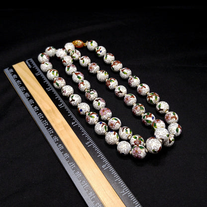 Vintage Cloisonne Beaded Necklace, Hand Knotted, Hand Painted Floral Beads, 1960s Vintage Jewelry