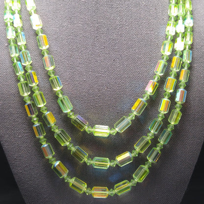 Green AB Barrel Crystal Necklace & Earrings, Austrian Crystal Beads, 1960s Vintage Jewelry
