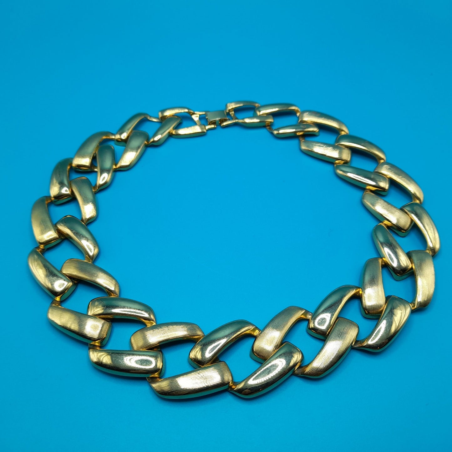 Vintage Chain Choker Necklace, Interlocking Gold Tone, 1980s