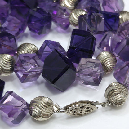 Vintage Amethyst Cube Bead Necklace – Light & Dark Purple Gemstones – 1990s