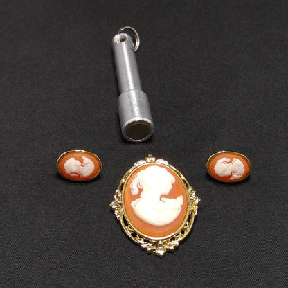 Whiting & Davis Cameo Brooch Post Earrings Set, Lucite Jewelry, 1970s Vintage