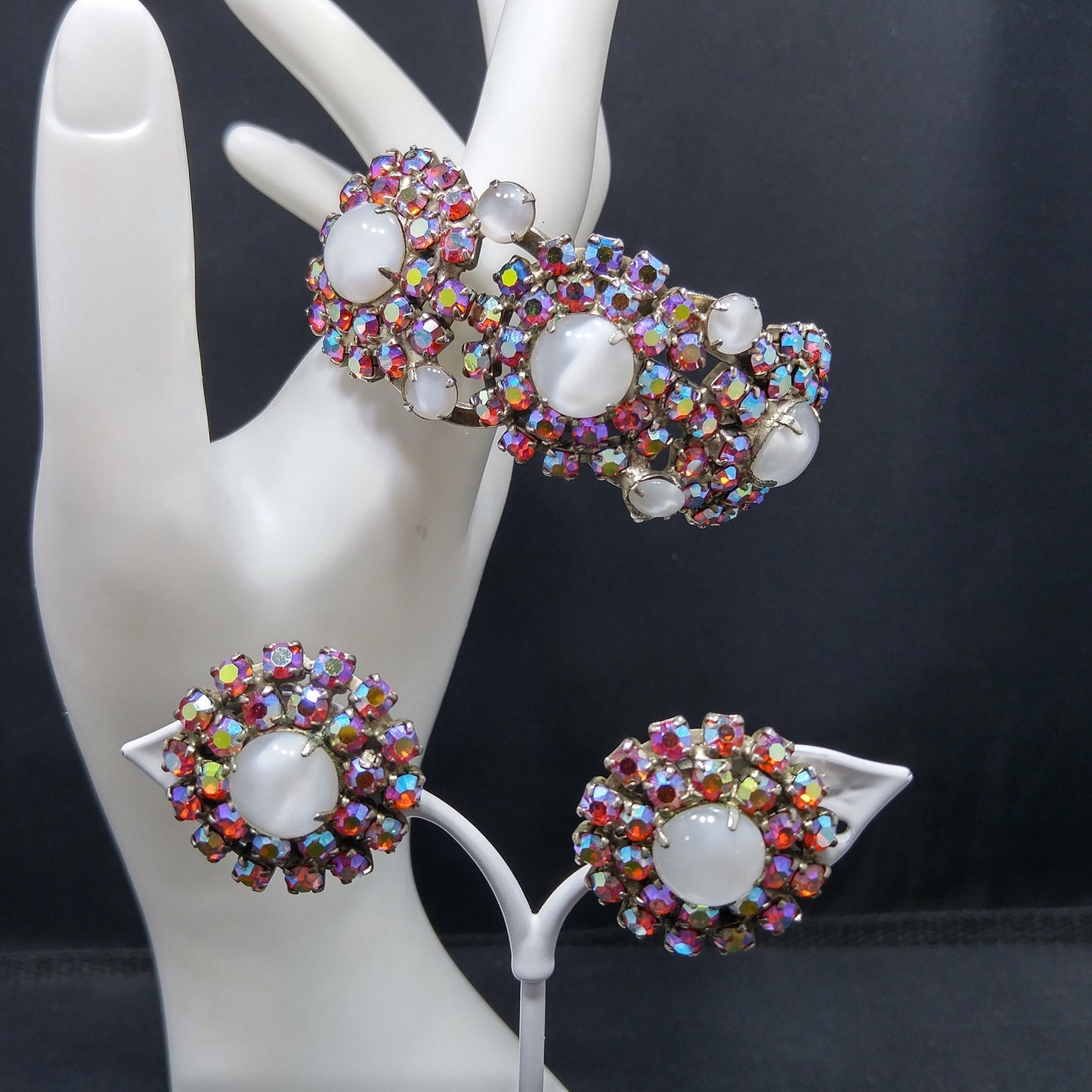 Vintage Juliana Clamper Bracelet & Earrings, DeLizza Elster, Red AB Rhinestones