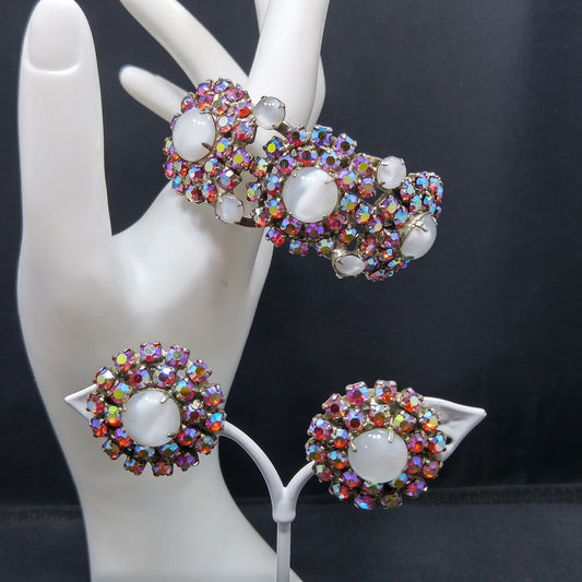 Vintage Juliana Clamper Bracelet & Earrings, DeLizza Elster, Red AB Rhinestones