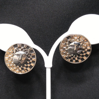 Laurel Burch Cat Face Post Earrings, Checkerboard Background, Rhodium Plate