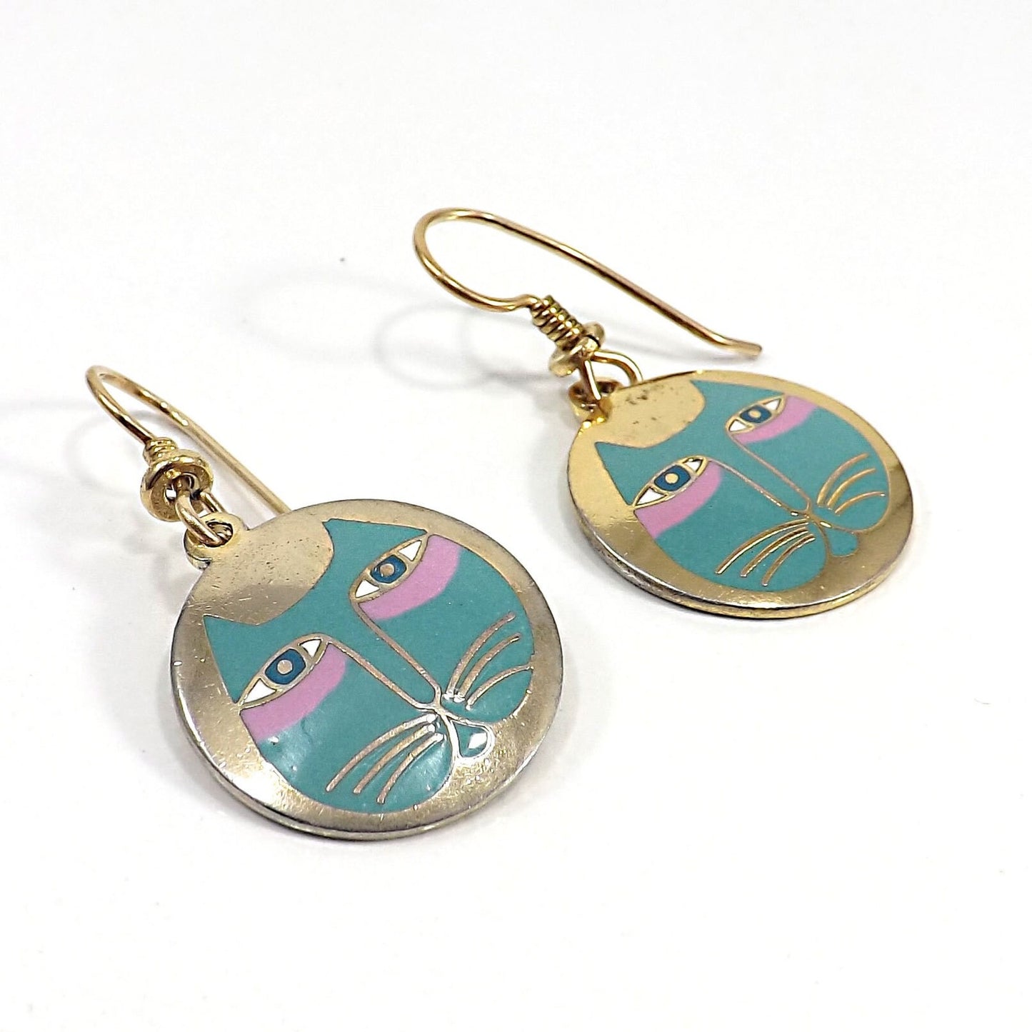 Vintage Laurel Burch "Moon Cat" Earrings, Teal Pink & Gold Cats