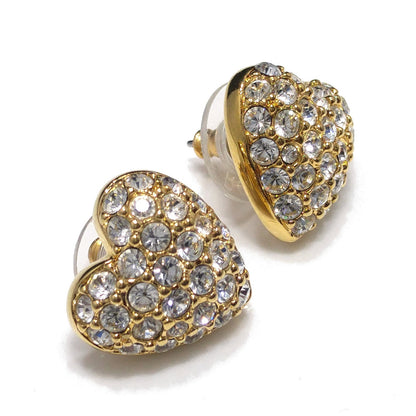 Vintage Swarovski Swan Logo Heart Earrings Clear Pave Rhinestones Gold 1980s