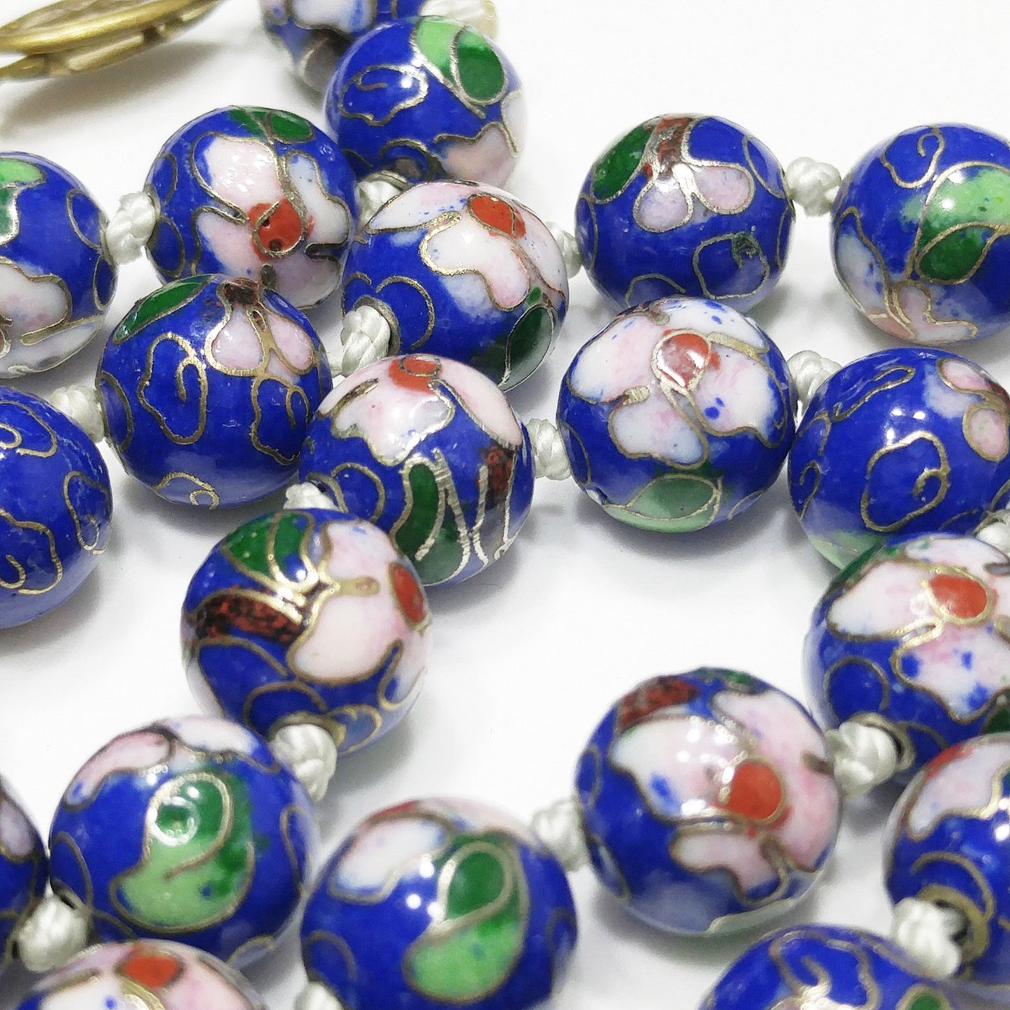 Vintage 1960s Chinese Cloisonné Blue Floral Bead Necklace 20" Hand Knotted