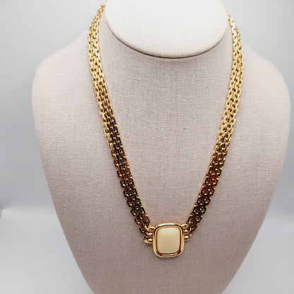 Vintage Monet Cream Cabochon Necklace Gold Plated 18 Inch Signed Pendant