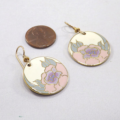 Laurel Burch "Garden Rose" Earrings, Cloisonné Gold Plated, 1980s