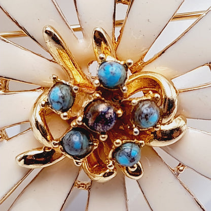 Vintage Large Cream Enamel Gold Plated Daisy Flower Brooch