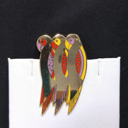 Laurel Burch "Perico" Brooch, Gold Plated Parakeets, Cloisonné Birds, 1980s Vintage Jewelry