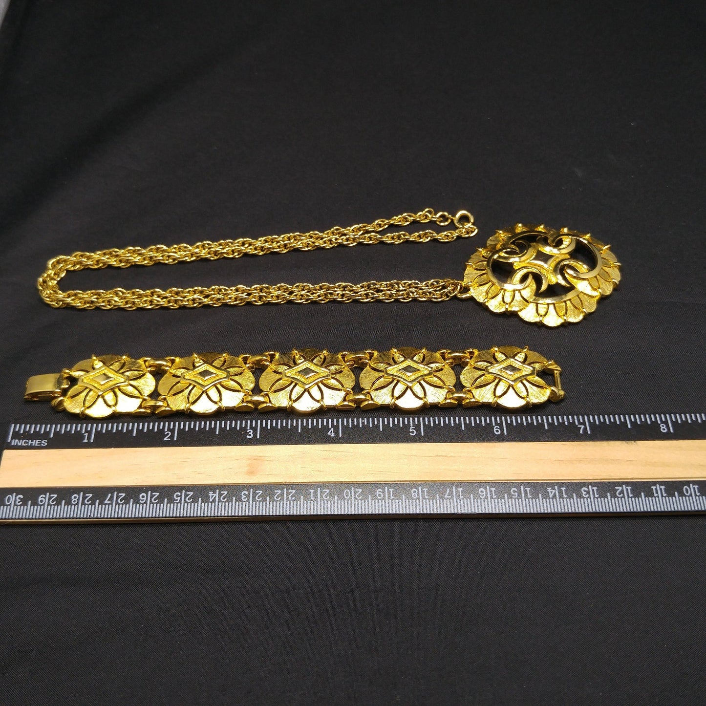Gold Plated Necklace & Bracelet, Medallion Design, 1960s Vintage Jewelry