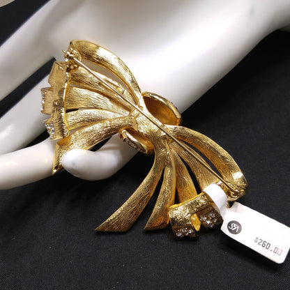 Ciner Red and Clear Rhinestone Bow Brooch – Vintage Gold Plated Large Statement Pin