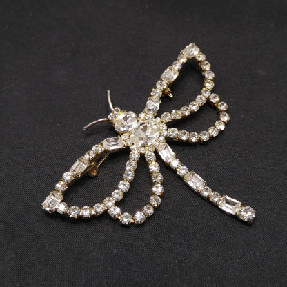Clear Rhinestone Dragonfly Brooch, Mid-Century, Foil Back Stones, 1950s Vintage Jewelry