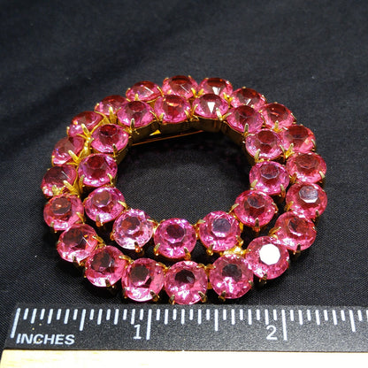 Pink Rhinestone Round Brooch, Gold Plated, Open Back Stones, 1960s Vintage Jewelry