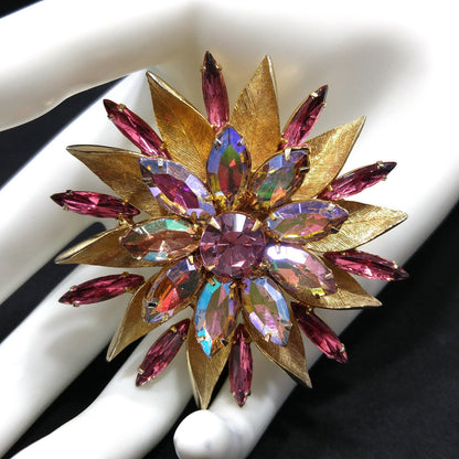 Pink Aurora Borealis Flower Brooch, Gold Plated, Light Dark Pink Rhinestones, 1960s Vintage Jewelry