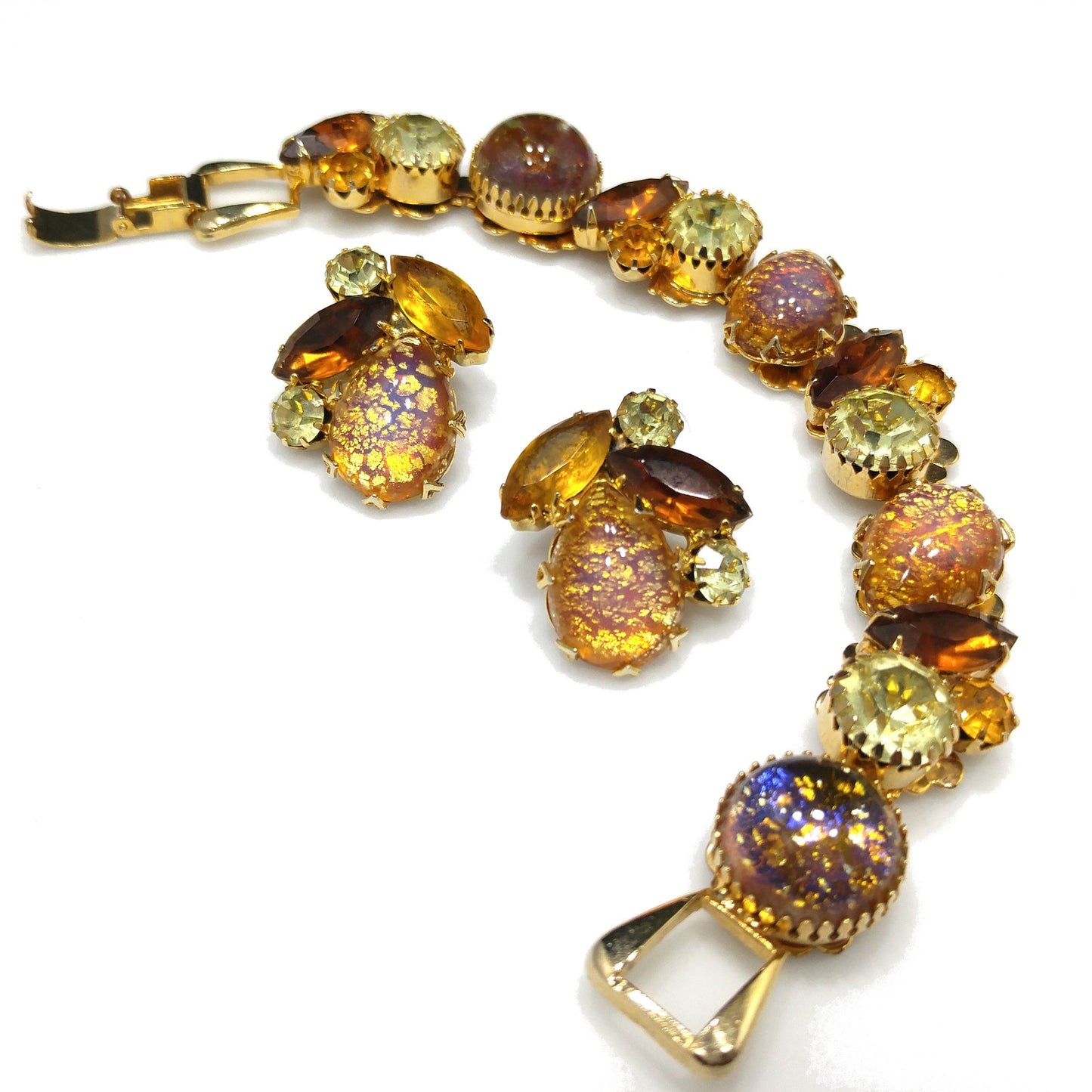 Gold Foil Faux Opal Rhinestone Bracelet & Earrings, Light Topaz Jonquil Rhinestones, 1960s Vintage Jewelry