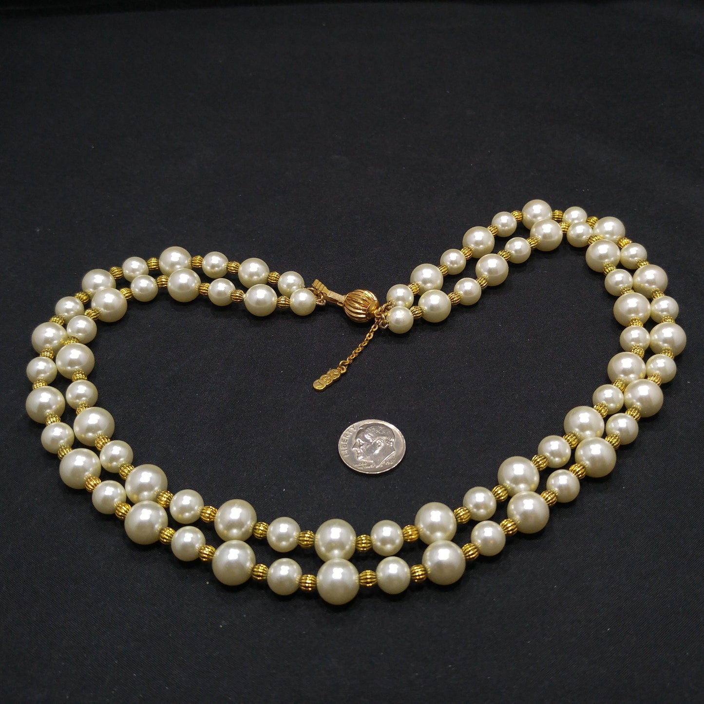 Jackie Kennedy JBK Faux Pearl Necklace – Double Strand Gold Spacers, 1980s Vintage