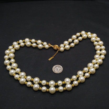 Jackie Kennedy JBK Faux Pearl Necklace – Double Strand Gold Spacers, 1980s Vintage