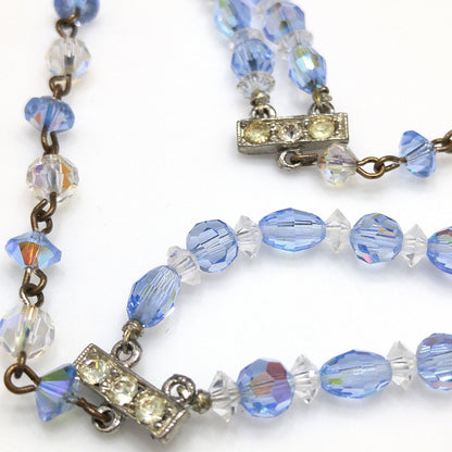 Mid Century Light Blue Oval Crystal Bead Necklace, Two Strands Graduated Sizes, 1950s Vintage Jewelry