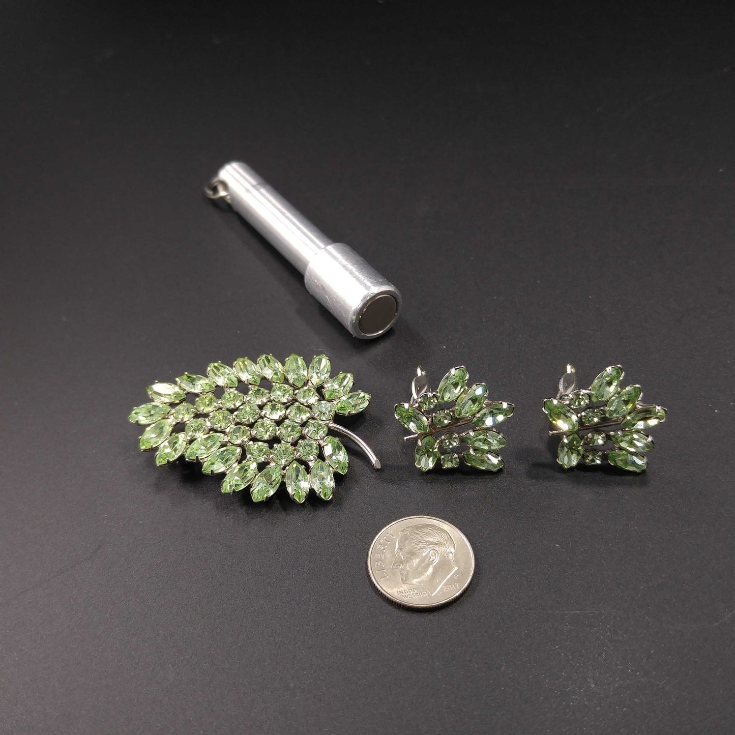 B. David Peridot Rhinestone Brooch & Earrings, Silver Tone, 1950 Vintage Jewelry