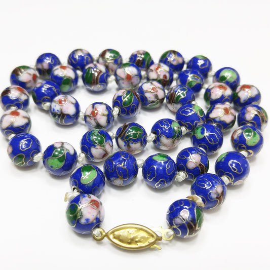 Cloisonne Blue Beaded Necklace, Floral Hand Painted Beads, 1960s Vintage Jewelry
