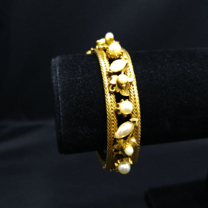 Florenza Faux Pearl Hinged Bracelet, Gold Tone, 1950s Vintage Jewelry