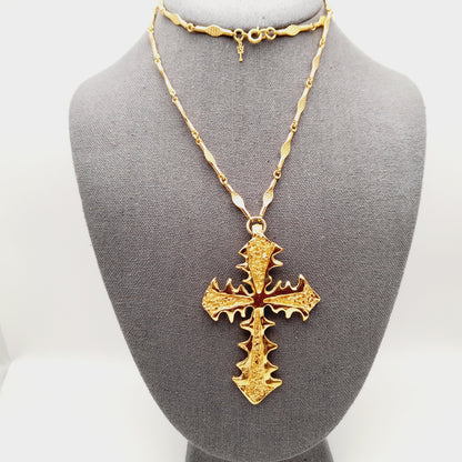 Vintage Crown Trifari Cross Pendant Necklace – Large Gold Tone Mid-Century Statement Jewelry