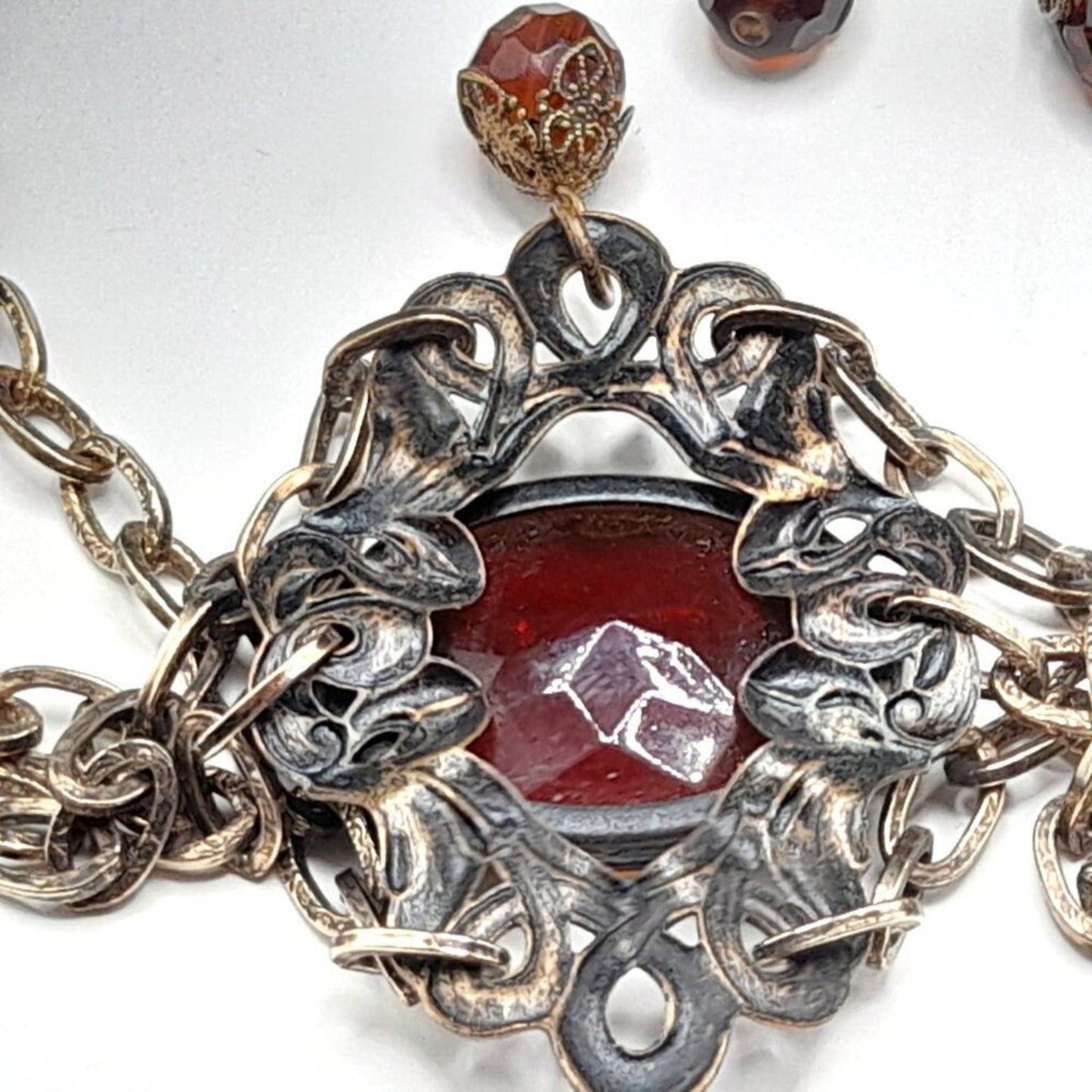 Vintage Hong Kong Boho Chain Belt Brown Glass Stones 32" Filigree 1960s