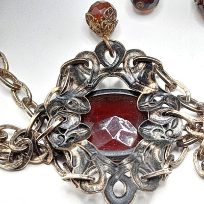 Vintage Hong Kong Boho Chain Belt Brown Glass Stones 32" Filigree 1960s