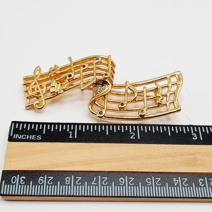 Vintage Musical Notes Brooch Gold Tone Music Staff Pin with Rhinestones – 2.75”