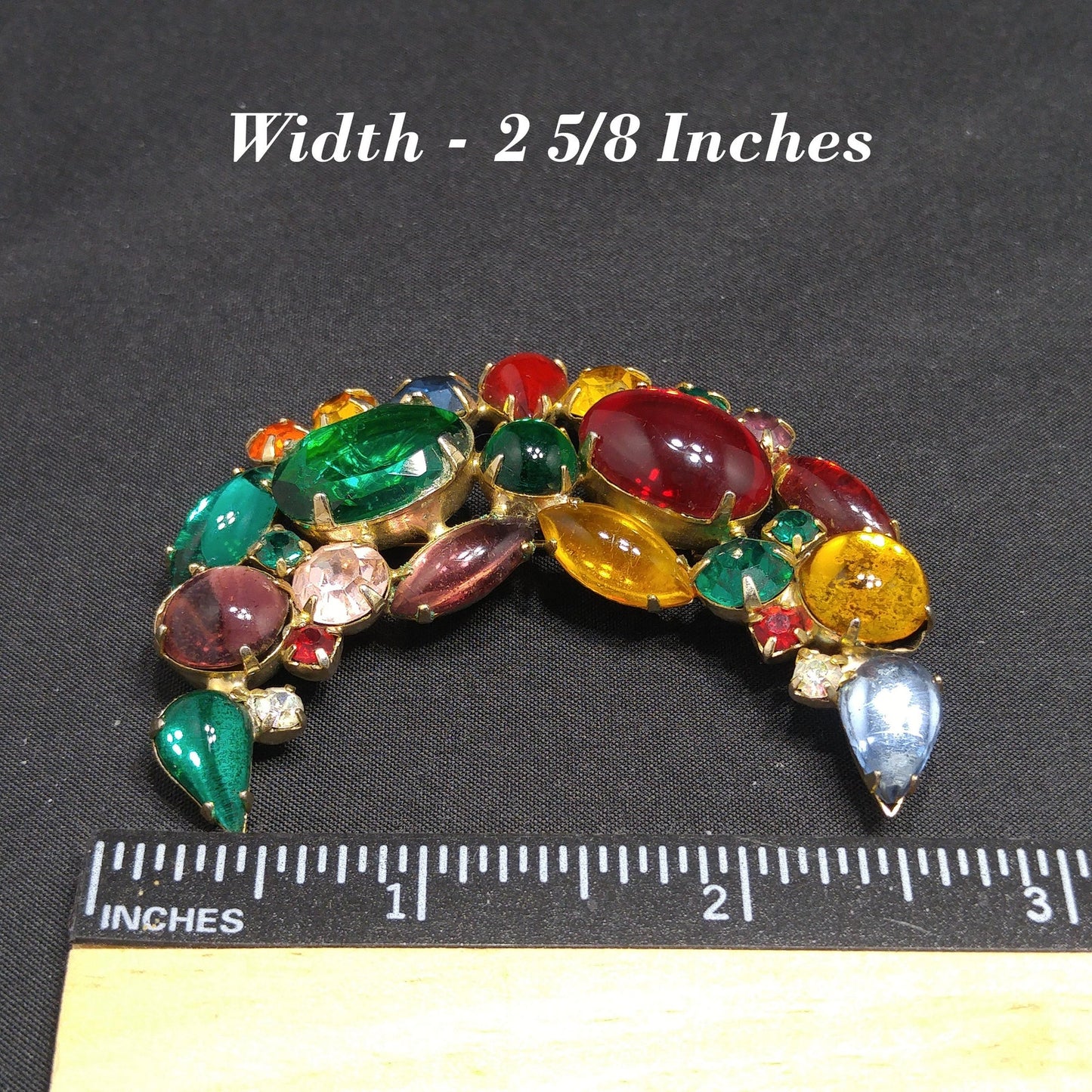 Weiss Crescent Moon Fruit Salad Brooch – Multicolor Cabochon Rhinestone 1950s