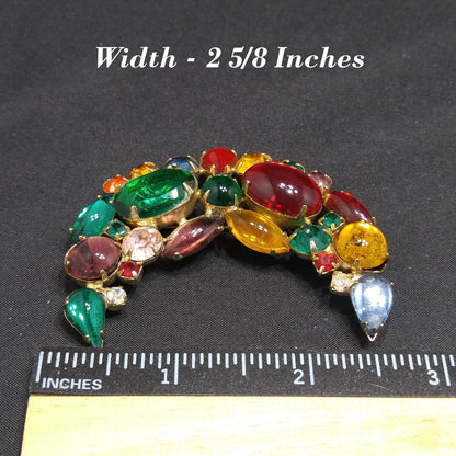 Weiss Crescent Moon Fruit Salad Brooch – Multicolor Cabochon Rhinestone 1950s