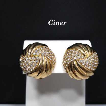 Ciner Clear Pave Rhinestone Round Clip Earrings, Gold Plated, 1980s Vintage Jewelry