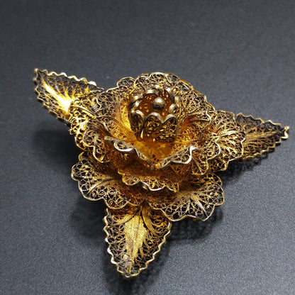 Topazio Portugal Flower Brooch, Silver Vermeil, 1930s Vintage Jewelry