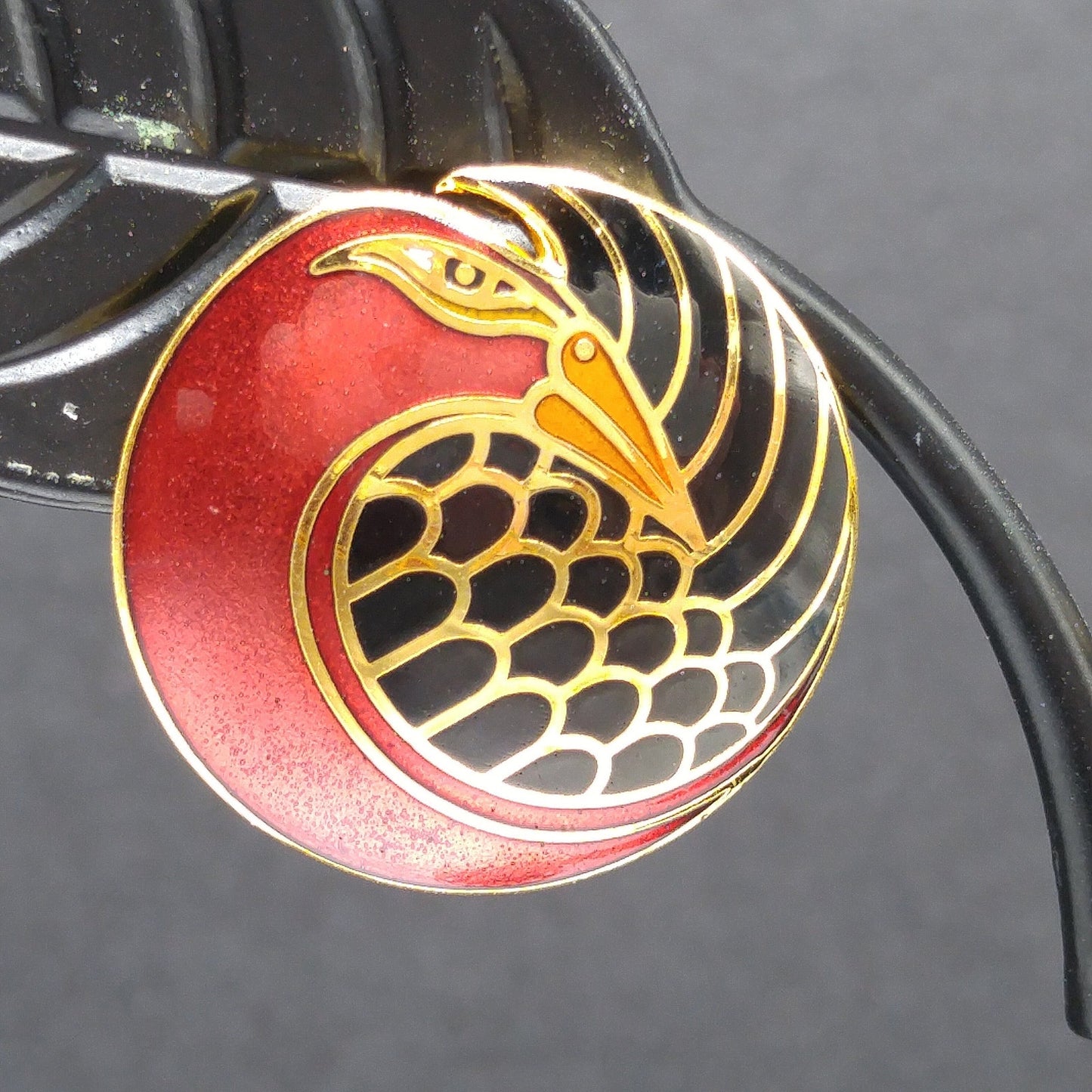 Vintage Laurel Burch "Mynah Bird" Post Earrings, Red Black Enamel, Gold Plated
