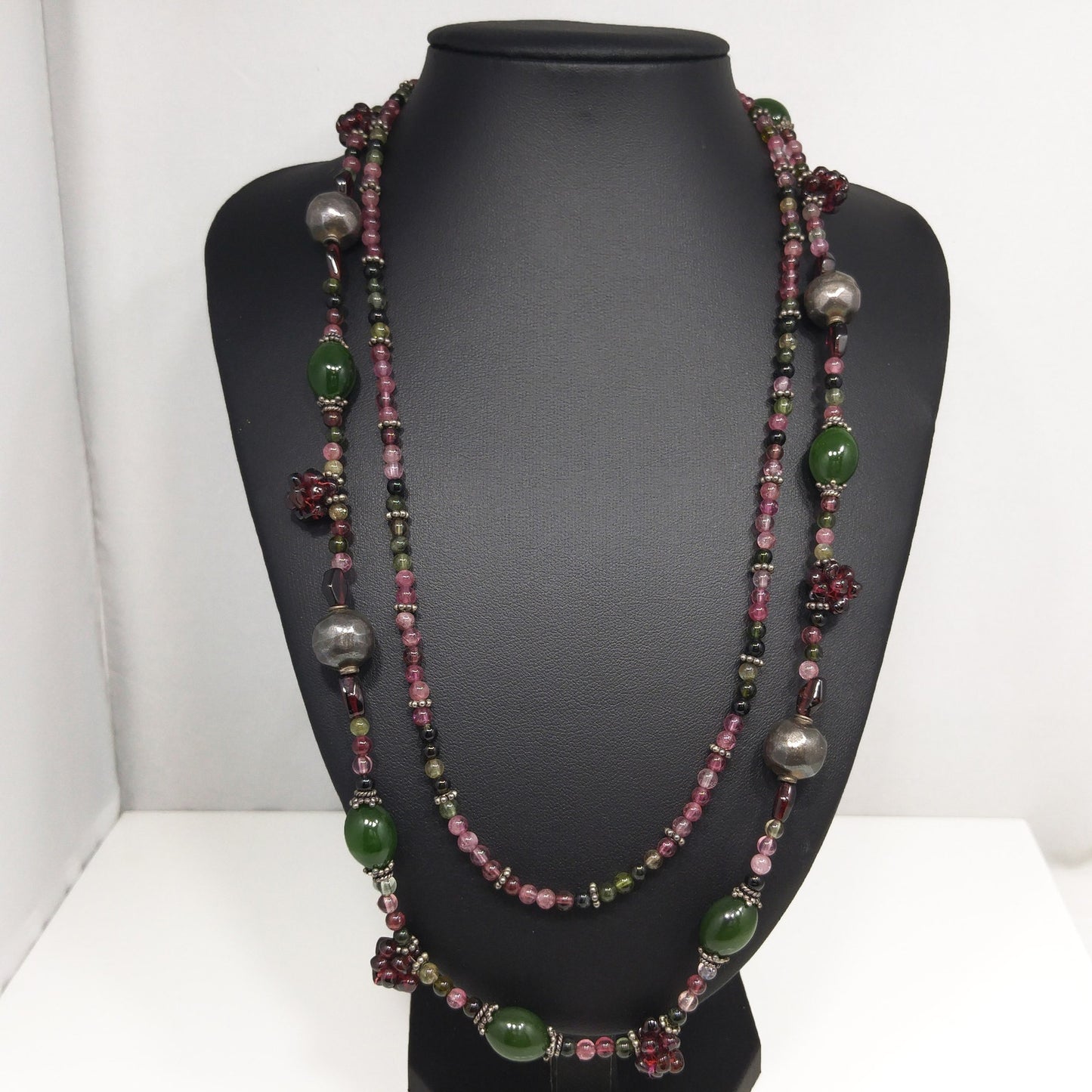 Vintage Gemstone Beaded Necklace, Garnet Clusters, Two Strands, 1990s Vintage Jewelry