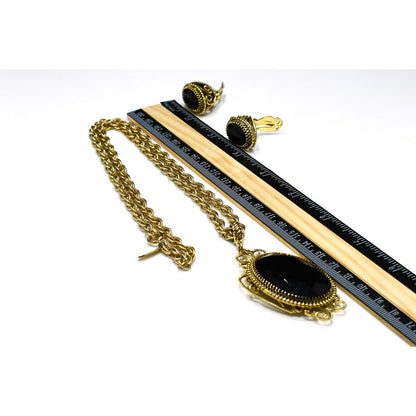 Whiting & Davis Victorian Black Gold Pendant Necklace Set, Clip Filigree Earrings, 1960s