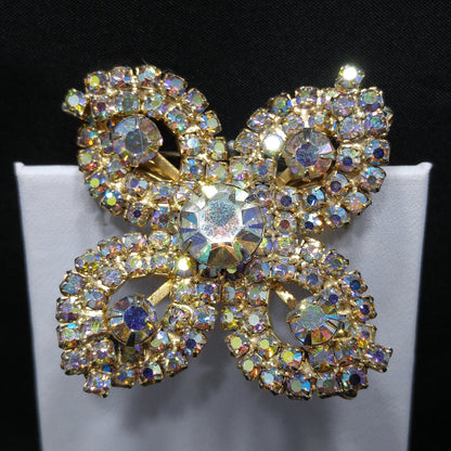 Aurora Borealis Flower Brooch, Gold Plated, 1960s Vintage Jewelry