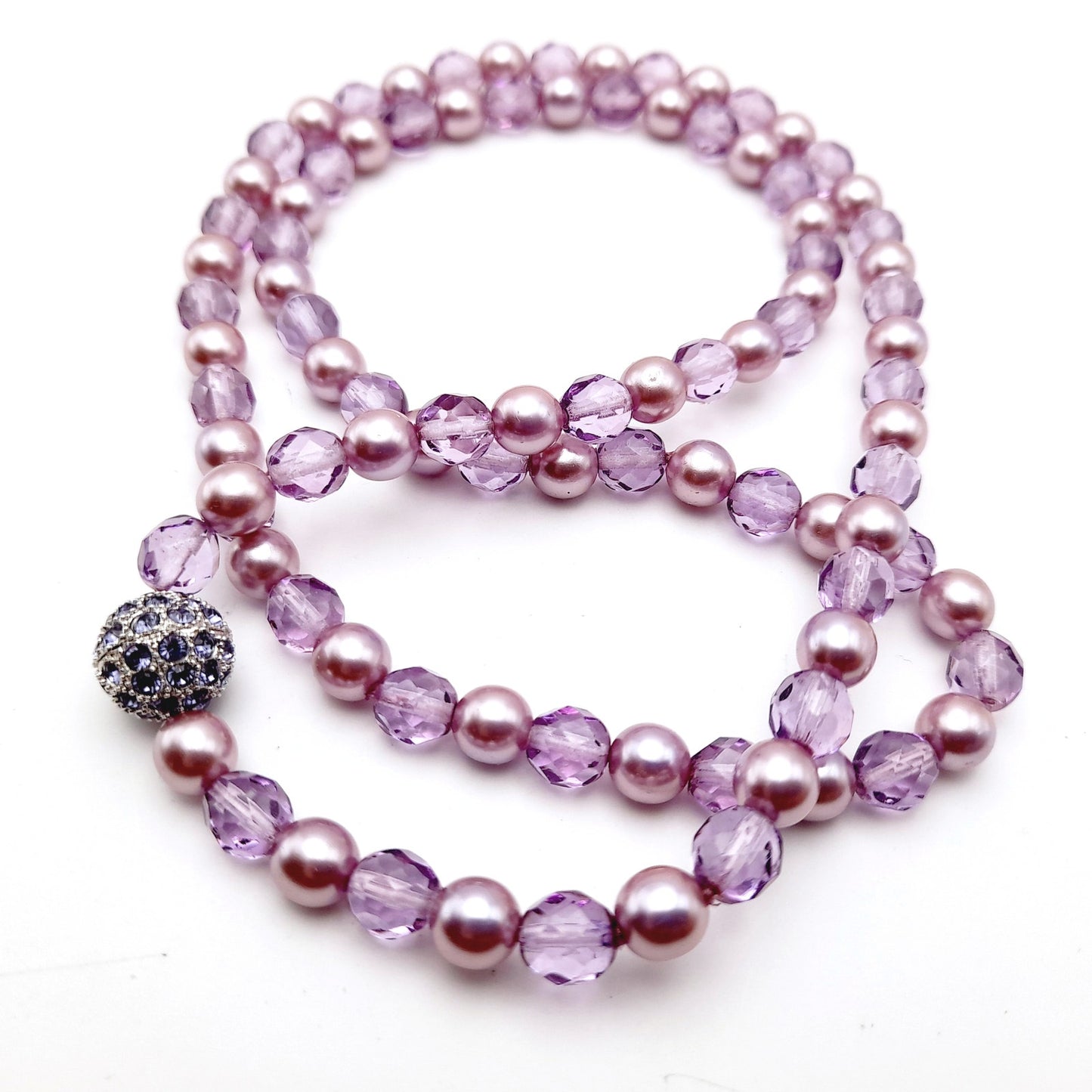 Vintage Joan Rivers Lavender Glass Pearls Crystal Beaded Necklace, Rhinestone Screw Clasp