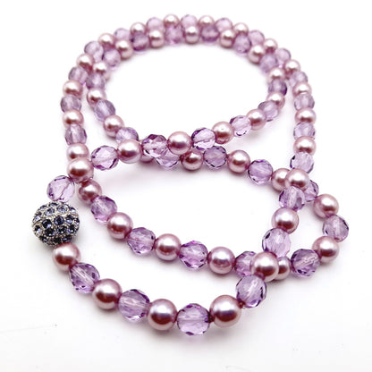 Vintage Joan Rivers Lavender Glass Pearls Crystal Beaded Necklace, Rhinestone Screw Clasp