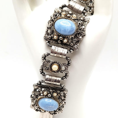 Vintage Blue Lucite Book Chain Bracelet, Faux Pearls, Silver Tone, 1950s, 7 3/4"