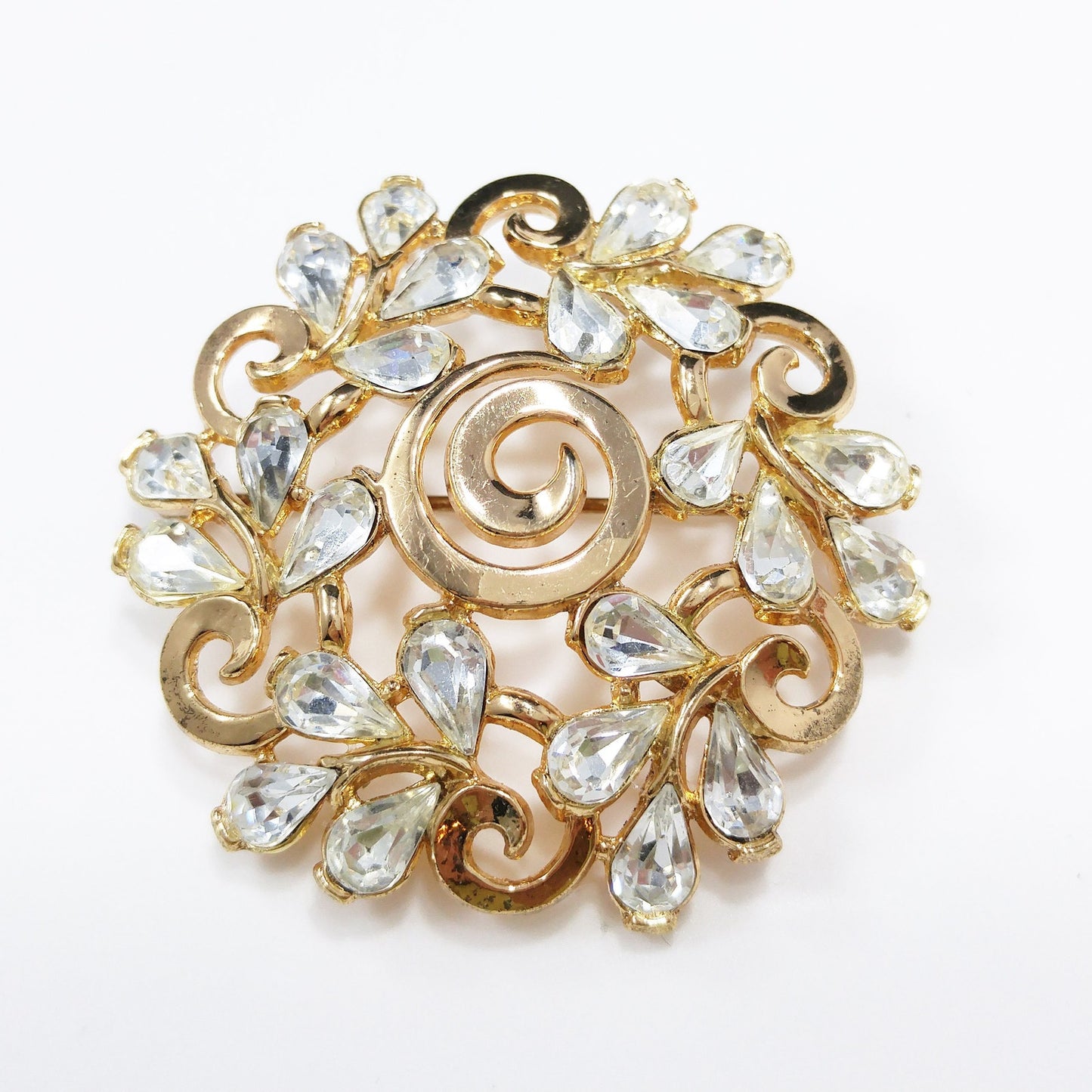 Crown Trifari Floral Brooch, Gold Plated, Clear Rhinestones, 1960s Vintage