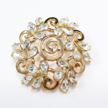 Crown Trifari Floral Brooch, Gold Plated, Clear Rhinestones, 1960s Vintage