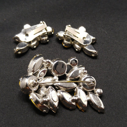 Regency Clear Rhinestone Brooch & Earrings, Rhodium Plated, 1950s Vintage Jewelry