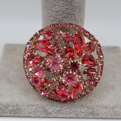 Vintage Unsigned Weiss Pink Rhinestone Brooch, Gold Plated, 1960s